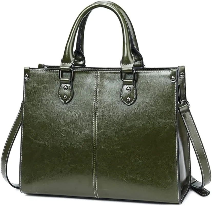Large Satchel Handbag for Women Genuine Leather Top Handle Purse Fashion Shiny Leather Tote Crossbody Bag (Brown)