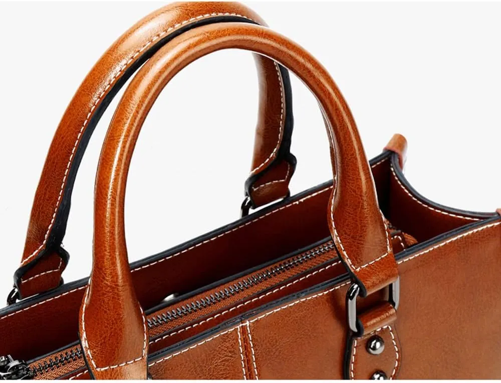 Large Satchel Handbag for Women Genuine Leather Top Handle Purse Fashion Shiny Leather Tote Crossbody Bag (Brown)