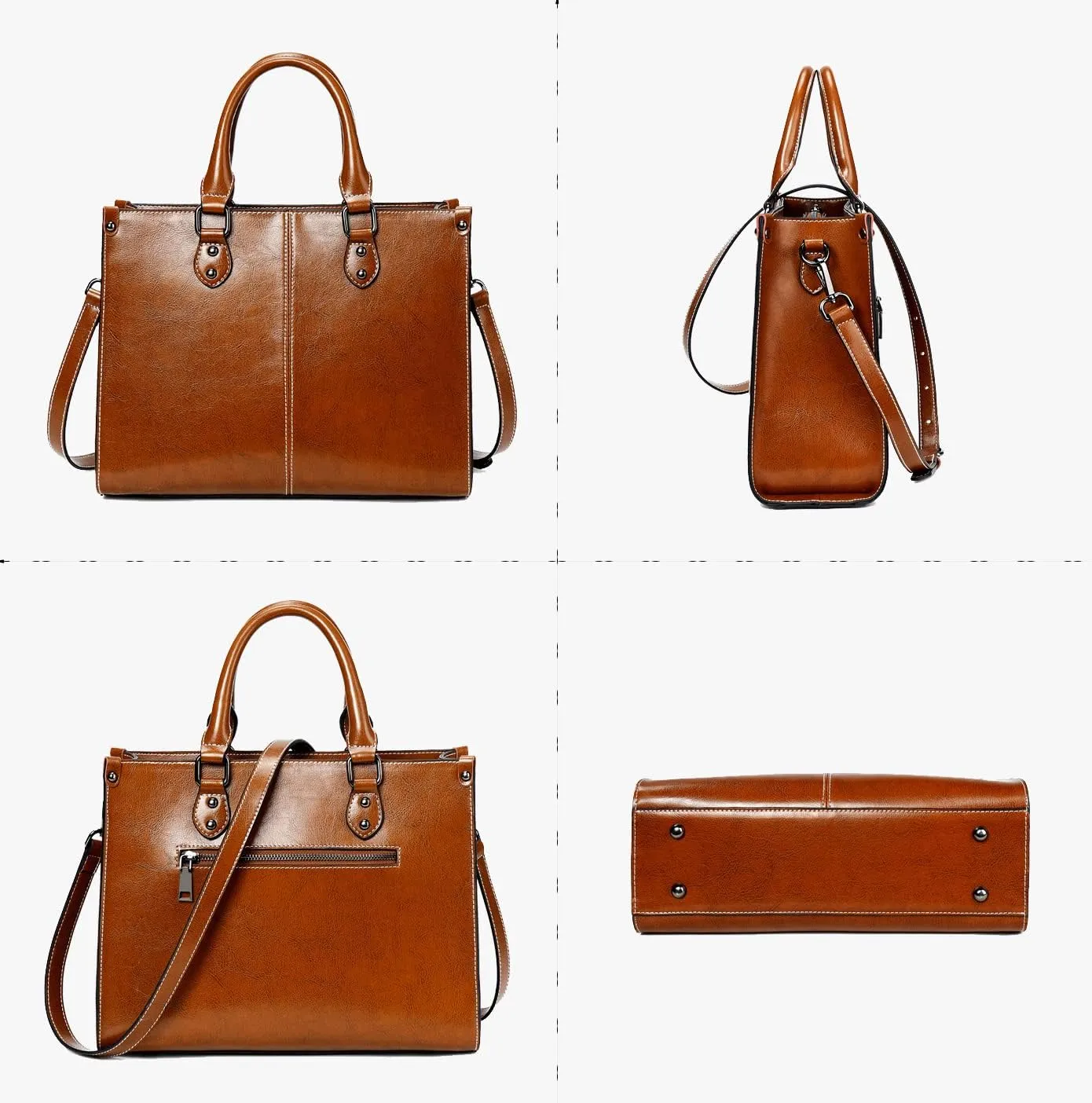 Large Satchel Handbag for Women Genuine Leather Top Handle Purse Fashion Shiny Leather Tote Crossbody Bag (Brown)