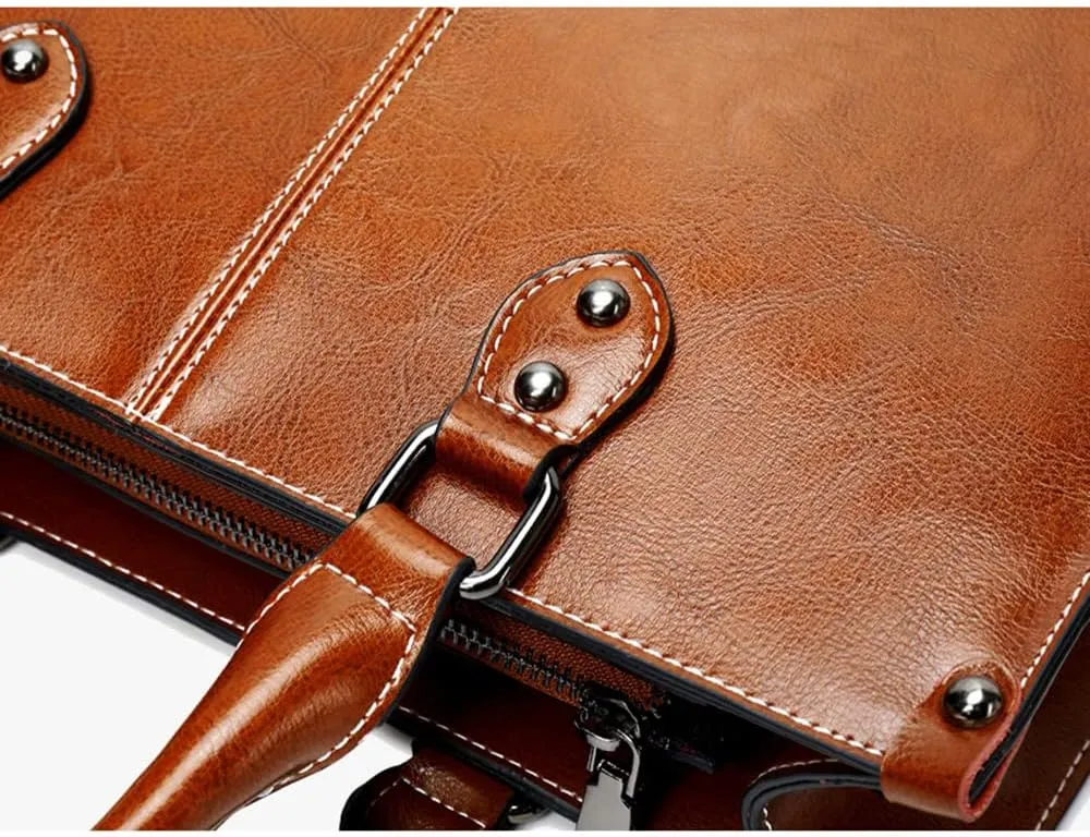 Large Satchel Handbag for Women Genuine Leather Top Handle Purse Fashion Shiny Leather Tote Crossbody Bag (Brown)