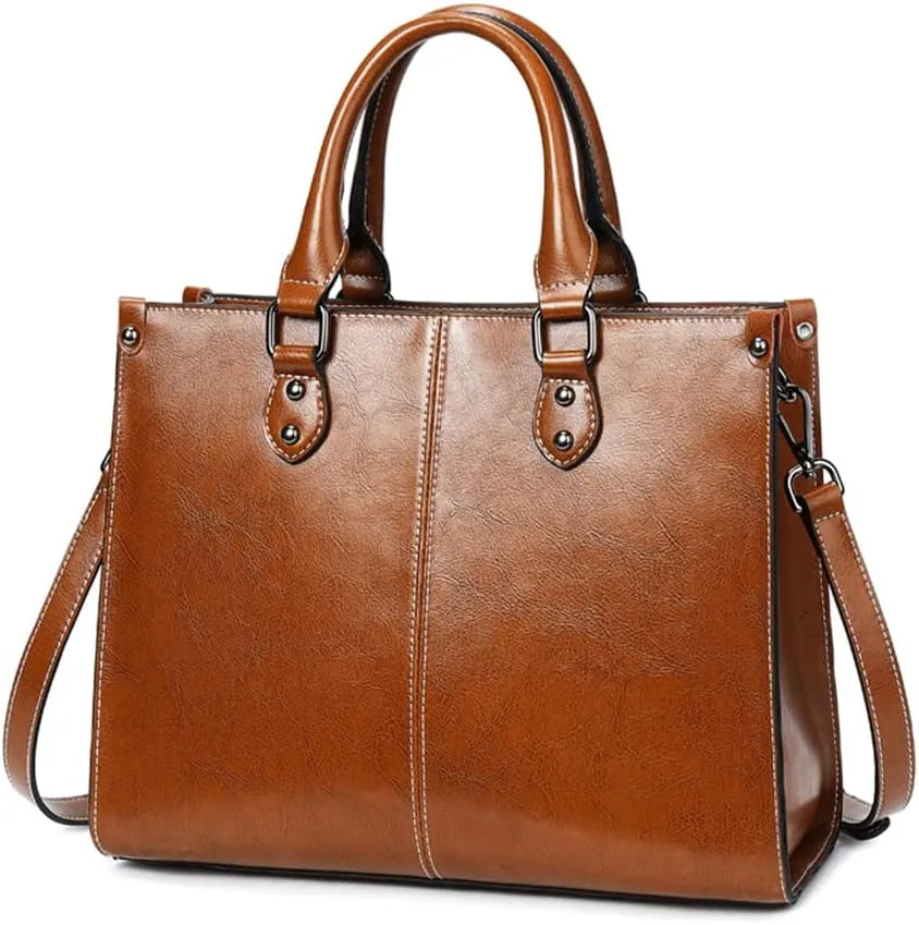 Large Satchel Handbag for Women Genuine Leather Top Handle Purse Fashion Shiny Leather Tote Crossbody Bag (Brown)