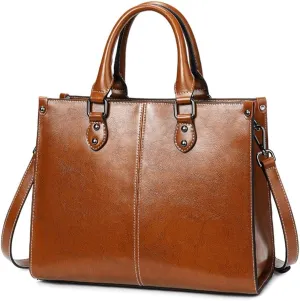 Large Satchel Handbag for Women Genuine Leather Top Handle Purse Fashion Shiny Leather Tote Crossbody Bag (Brown)