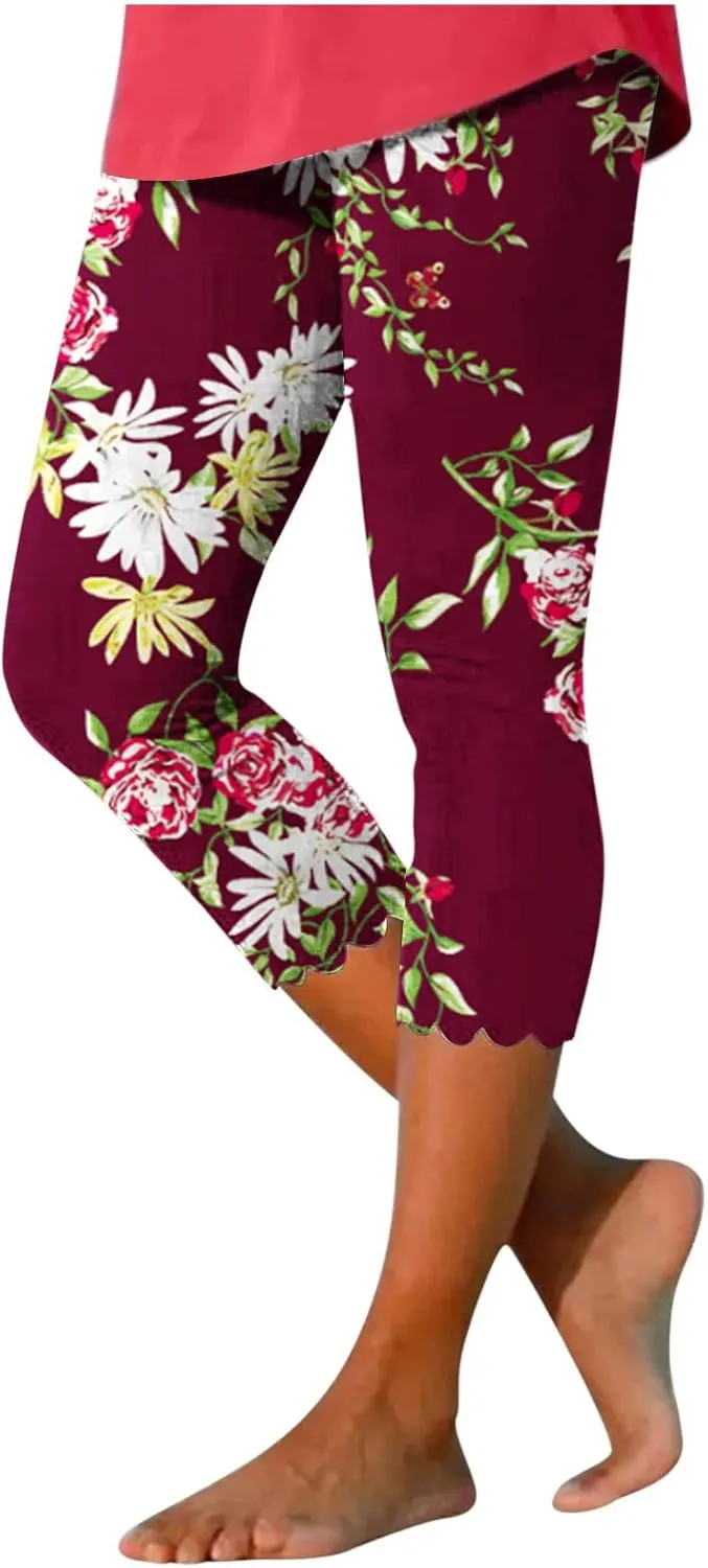 LAWOR Womens 2024 Capri Leggings, Summer Boho Floral Print Tights High Waisted Cropped Pants Stretch Trendy Workout Trousers