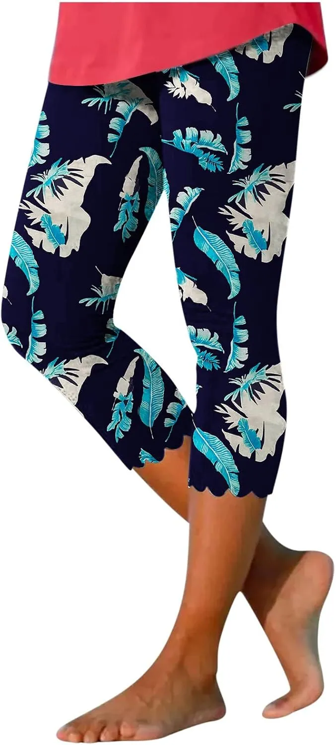 LAWOR Womens 2024 Capri Leggings, Summer Boho Floral Print Tights High Waisted Cropped Pants Stretch Trendy Workout Trousers