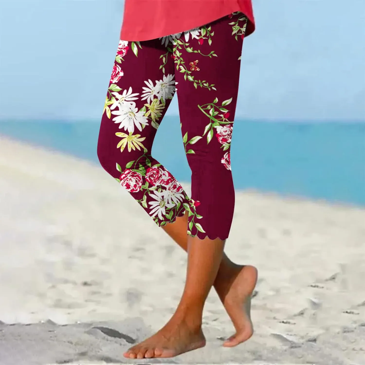 LAWOR Womens 2024 Capri Leggings, Summer Boho Floral Print Tights High Waisted Cropped Pants Stretch Trendy Workout Trousers