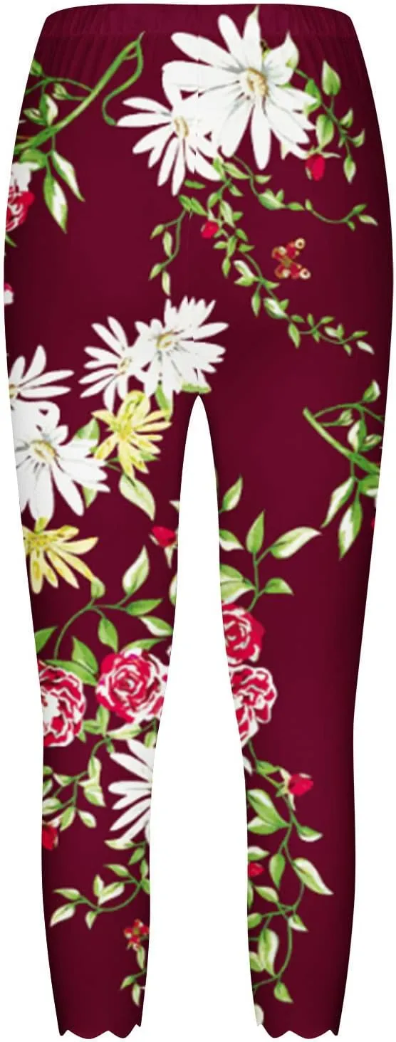 LAWOR Womens 2024 Capri Leggings, Summer Boho Floral Print Tights High Waisted Cropped Pants Stretch Trendy Workout Trousers