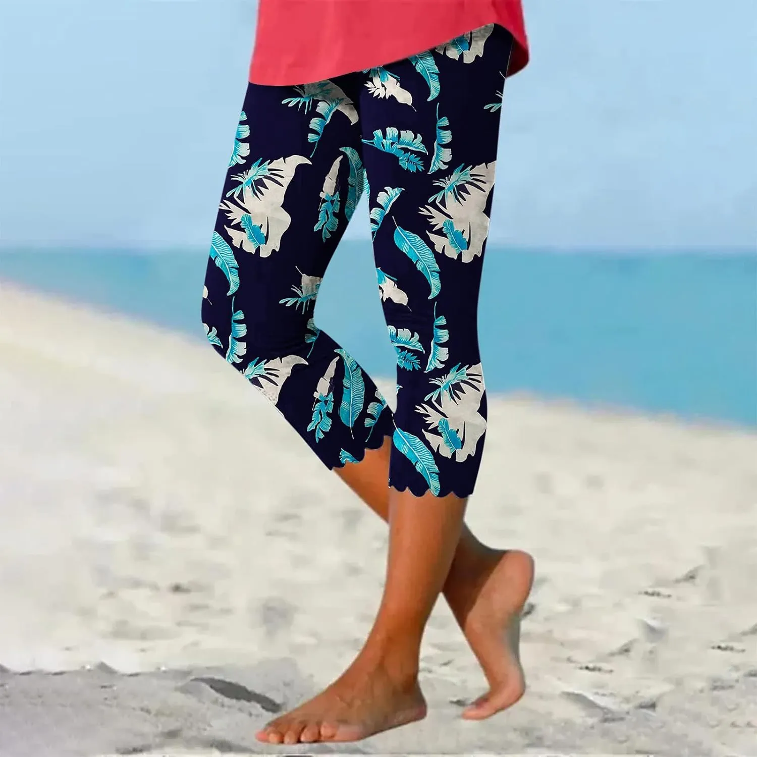 LAWOR Womens 2024 Capri Leggings, Summer Boho Floral Print Tights High Waisted Cropped Pants Stretch Trendy Workout Trousers
