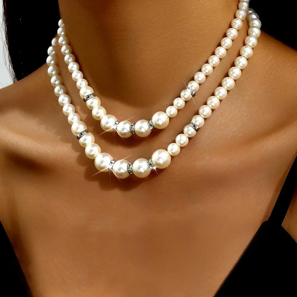 Layered Pearl Necklace for Women Baroque Pearl Statement Choker Necklace Irregular White Pearl Charm Necklaces Wedding Bridal Party Neck Jewelry Gifts
