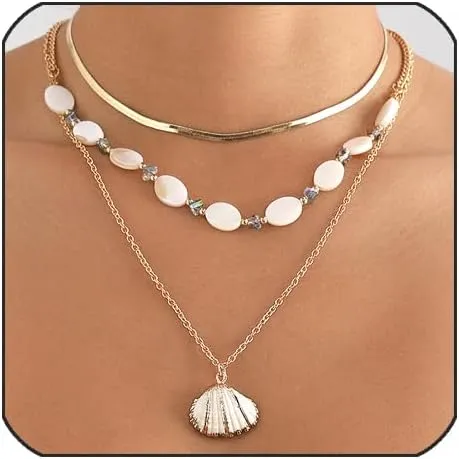 Layered Seashell Pendant Necklaces for Women Boho Cowrie Puka Shell Choker Chunky Gold Paperclip Herringbone Chain Necklace Statement Jewelry Gifts