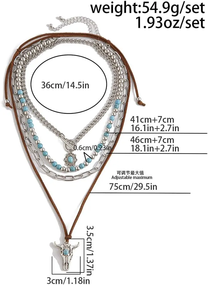 Layered Western Turquoise Beaded Necklaces Jewelry for Women Trendy, Beads Turquoises Paper clip OT Chain Cow Pendant Necklace Y2K Cowgirl Accessories
