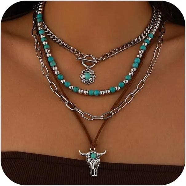 Layered Western Turquoise Beaded Necklaces Jewelry for Women Trendy, Beads Turquoises Paper clip OT Chain Cow Pendant Necklace Y2K Cowgirl Accessories