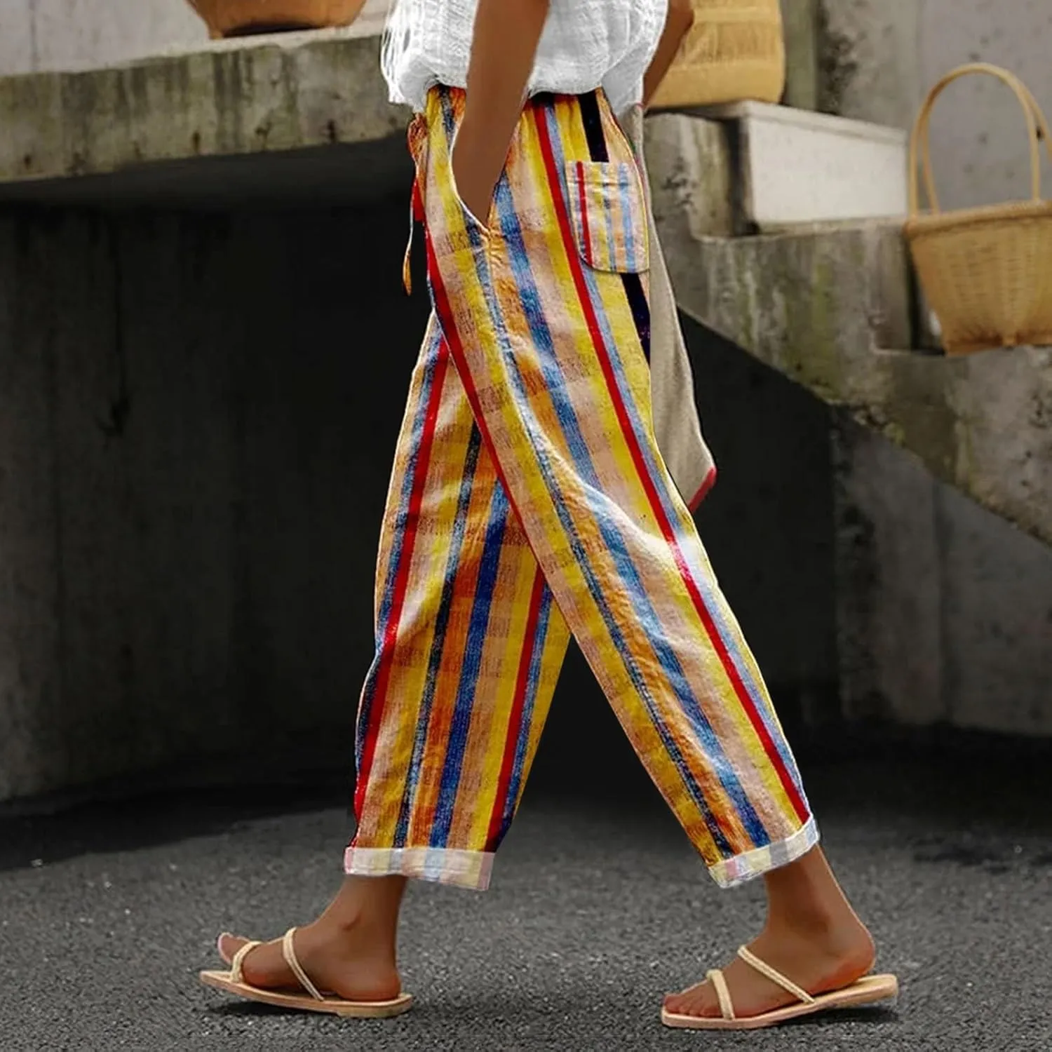 LCMTWX Lightweight Pants Women Drawstring Capri Pants with Pockets Wide Leg Cropped Pants for Women Womens Linen Pants Boho