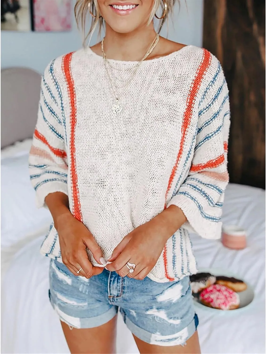 LCMTWX Oversized Sweater for Women Flared Sleeves Vertical Striped Color Matching Sweater Sweater Boys Pullover Sweater