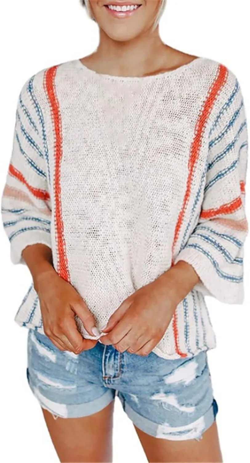 LCMTWX Oversized Sweater for Women Flared Sleeves Vertical Striped Color Matching Sweater Sweater Boys Pullover Sweater