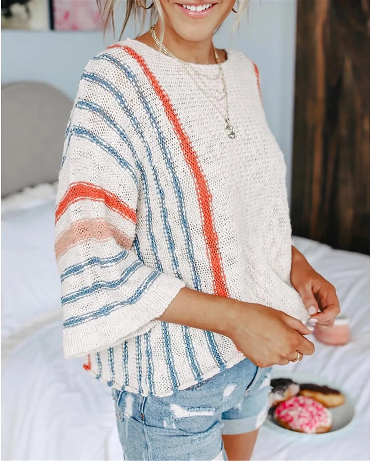 LCMTWX Oversized Sweater for Women Flared Sleeves Vertical Striped Color Matching Sweater Sweater Boys Pullover Sweater