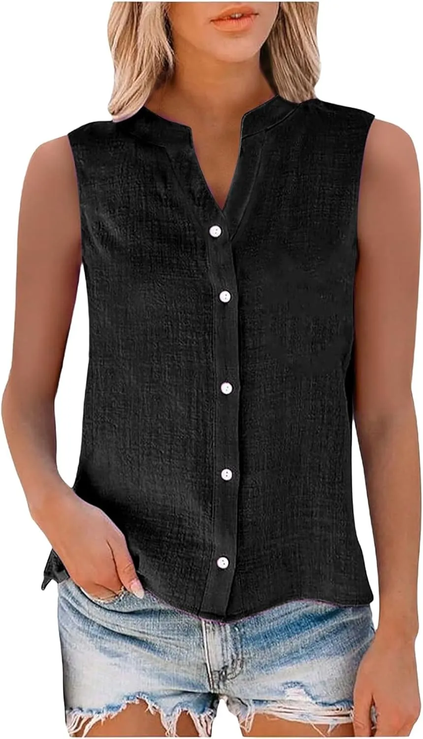 Linen Blend Tops for Women Button Down Sleeveless V Neck Plus Size Linen Shirts Summer Casual Trendy Work Blouses