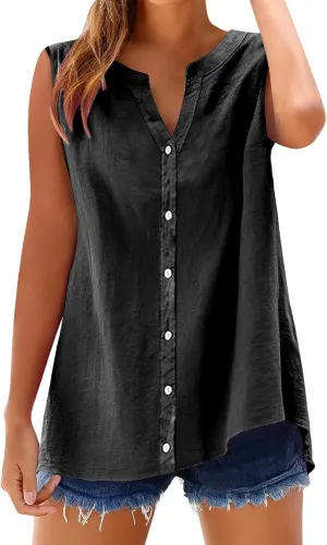 Linen Blend Tops for Women Button Down Sleeveless V Neck Plus Size Linen Shirts Summer Casual Trendy Work Blouses