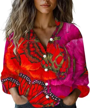 Linen Boho Floral Shirts for Women Long Sleeve Button Down V Neck Ethnic Tops Casual Blouse Summer Vintage Shirts