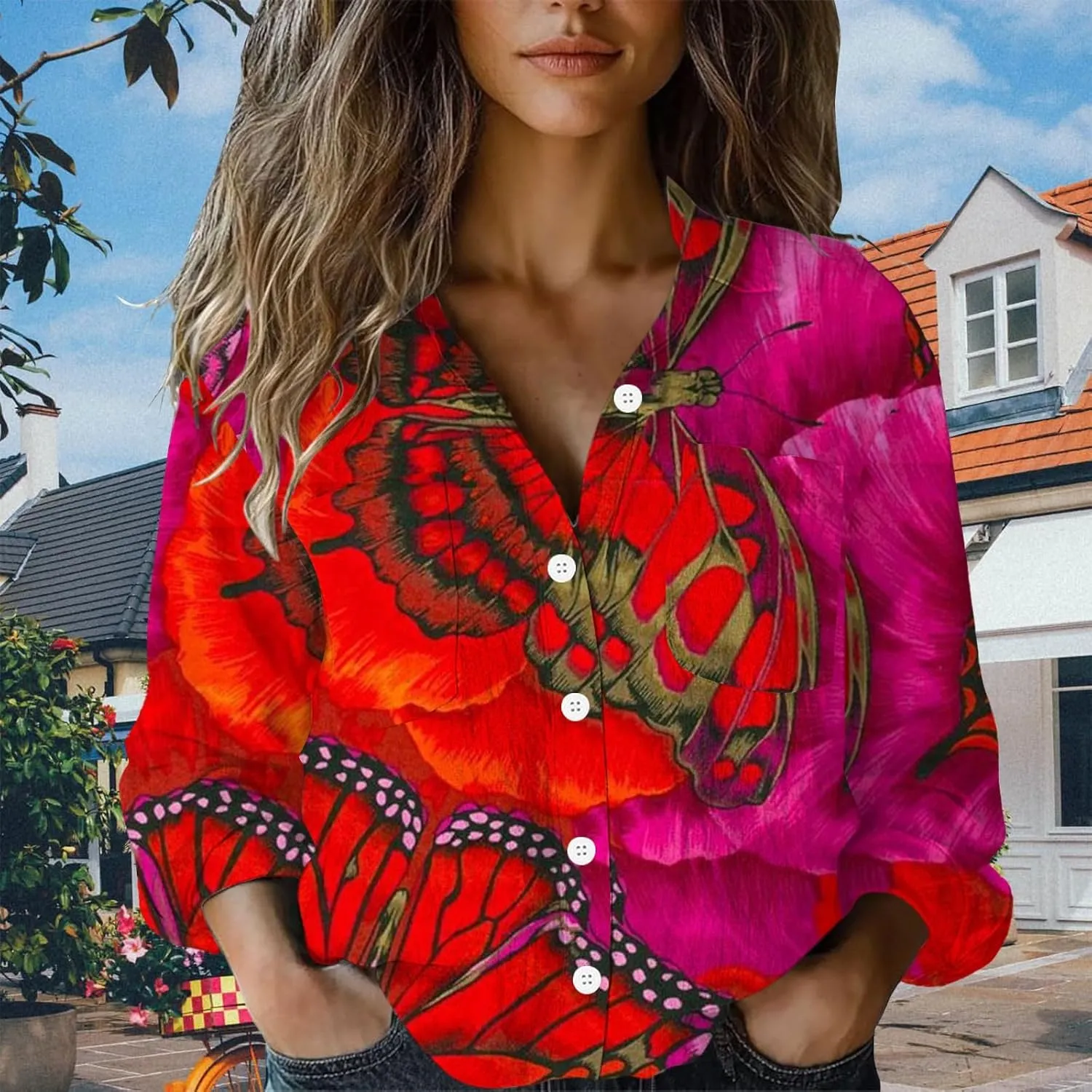 Linen Boho Floral Shirts for Women Long Sleeve Button Down V Neck Ethnic Tops Casual Blouse Summer Vintage Shirts
