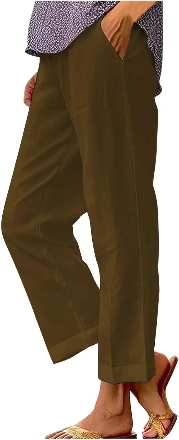 Linen Capri Pants for Women High Waisted Wide Leg Lounge Pant Comfy Soft Trousers Boho Beach Baggy Capris Casual Resort Wear