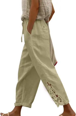 Linen Pants for Ladies Summer Casual Side Button Drawstring Pants Lightweight Beach Pants Comfy Work Pants Loose Streeweat
