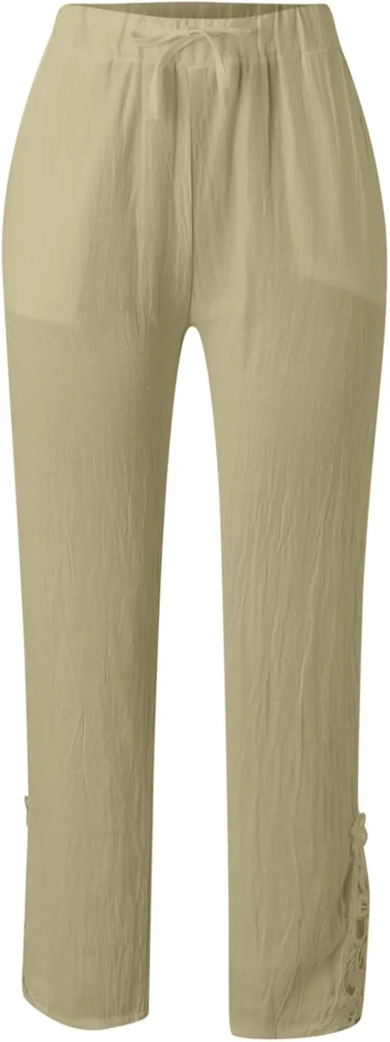 Linen Pants for Ladies Summer Casual Side Button Drawstring Pants Lightweight Beach Pants Comfy Work Pants Loose Streeweat
