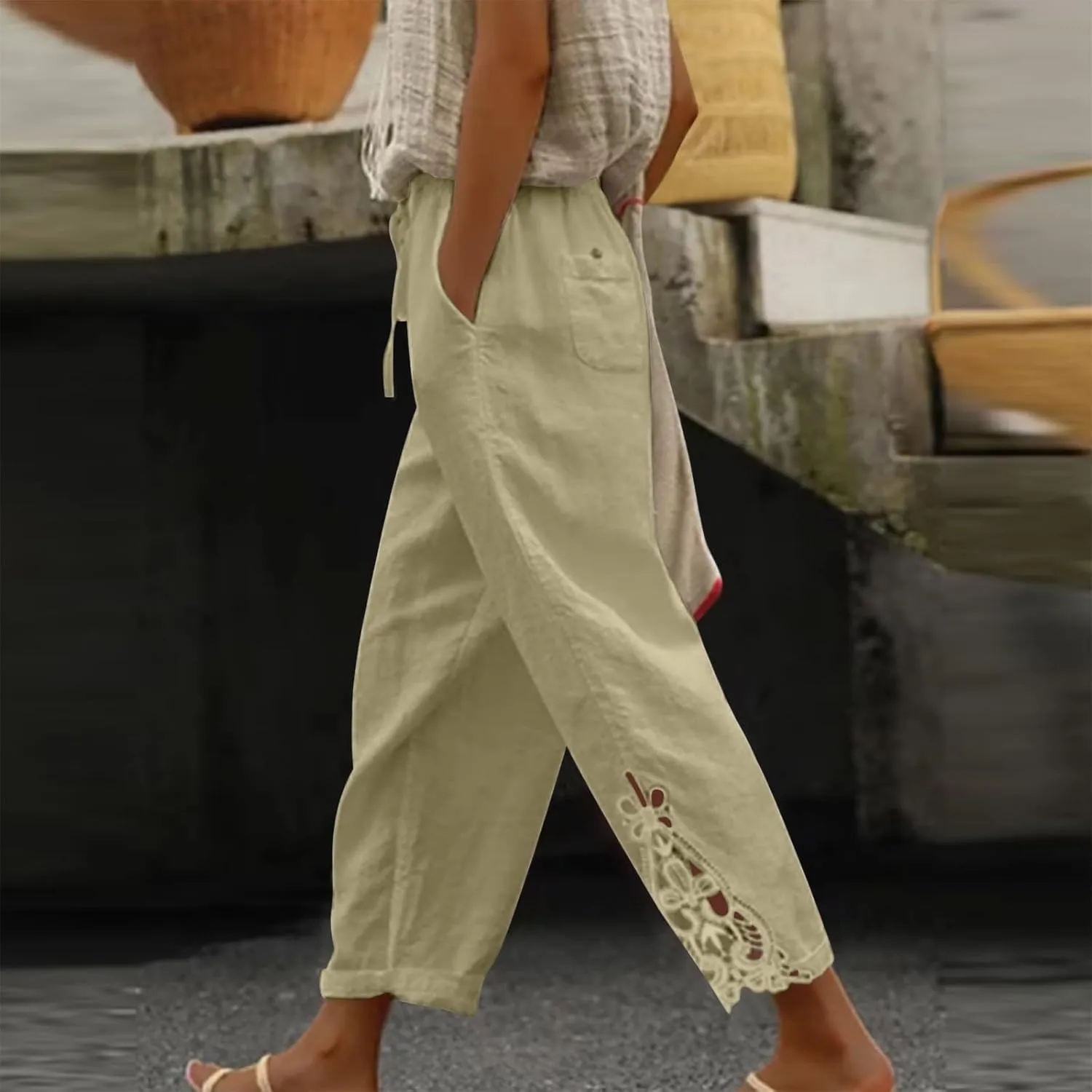Linen Pants for Ladies Summer Casual Side Button Drawstring Pants Lightweight Beach Pants Comfy Work Pants Loose Streeweat