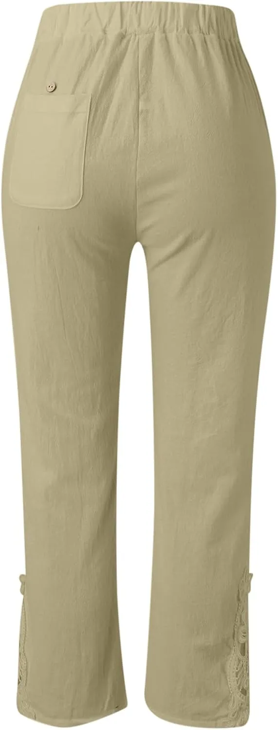 Linen Pants for Ladies Summer Casual Side Button Drawstring Pants Lightweight Beach Pants Comfy Work Pants Loose Streeweat