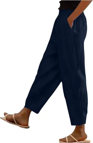 Linen Pants for Women High Waist Pants Plus Drawstring Elastic Waist Pants Trousers with Pockets Summer Casual Pants