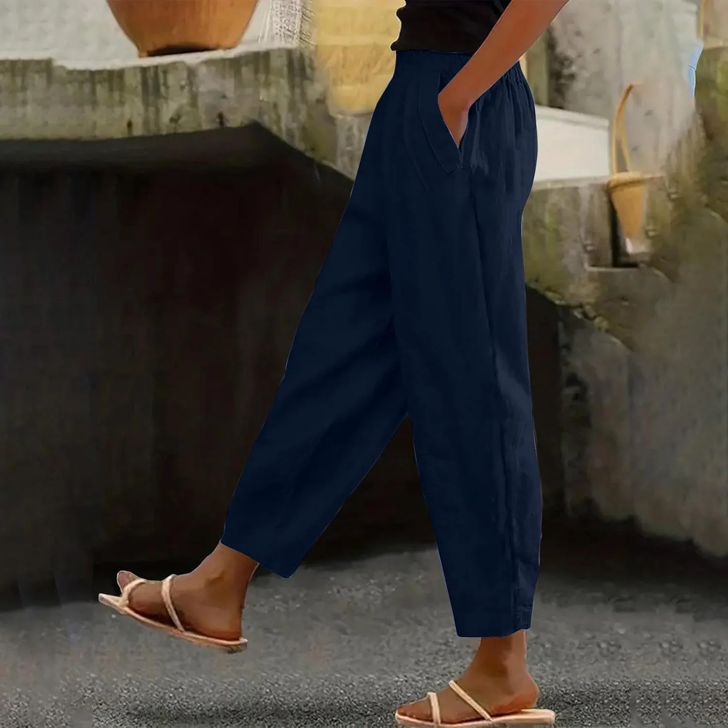 Linen Pants for Women High Waist Pants Plus Drawstring Elastic Waist Pants Trousers with Pockets Summer Casual Pants