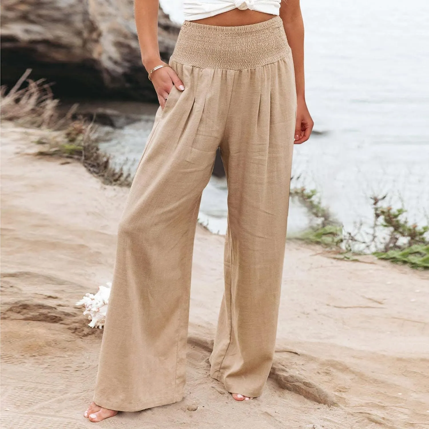 Linen Pants for Women Pleated High Waisted Wide Leg Pants Boho 2025 Summer Casual Pants Baggy Palazzo Pants