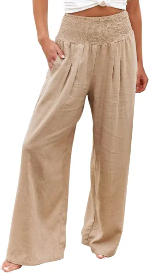 Linen Pants for Women Pleated High Waisted Wide Leg Pants Boho 2025 Summer Casual Pants Baggy Palazzo Pants