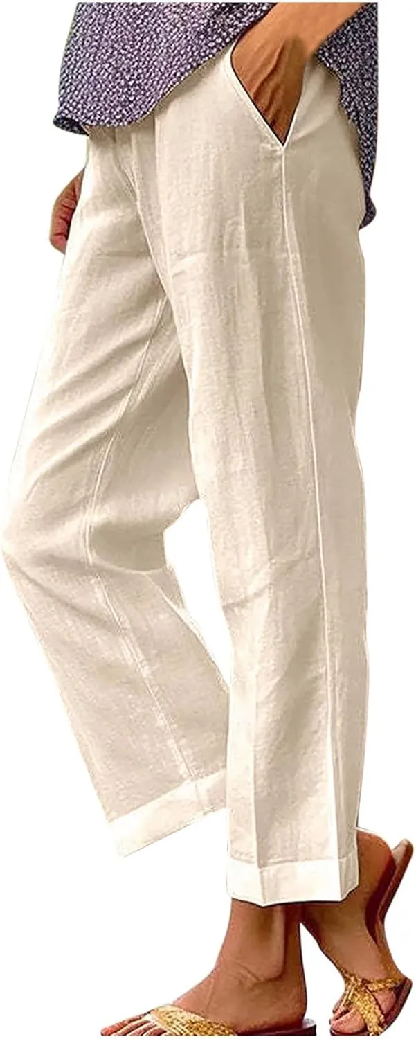 Linen Pants for Women Summer Casual Cropped Pants Straight Leg Beach Pants High Waisted Lounge Pants with Pockets
