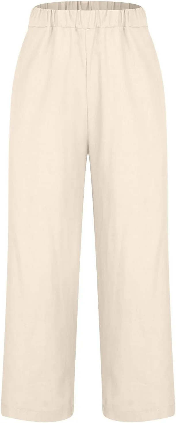 Linen Pants for Women Summer Casual Cropped Pants Straight Leg Beach Pants High Waisted Lounge Pants with Pockets