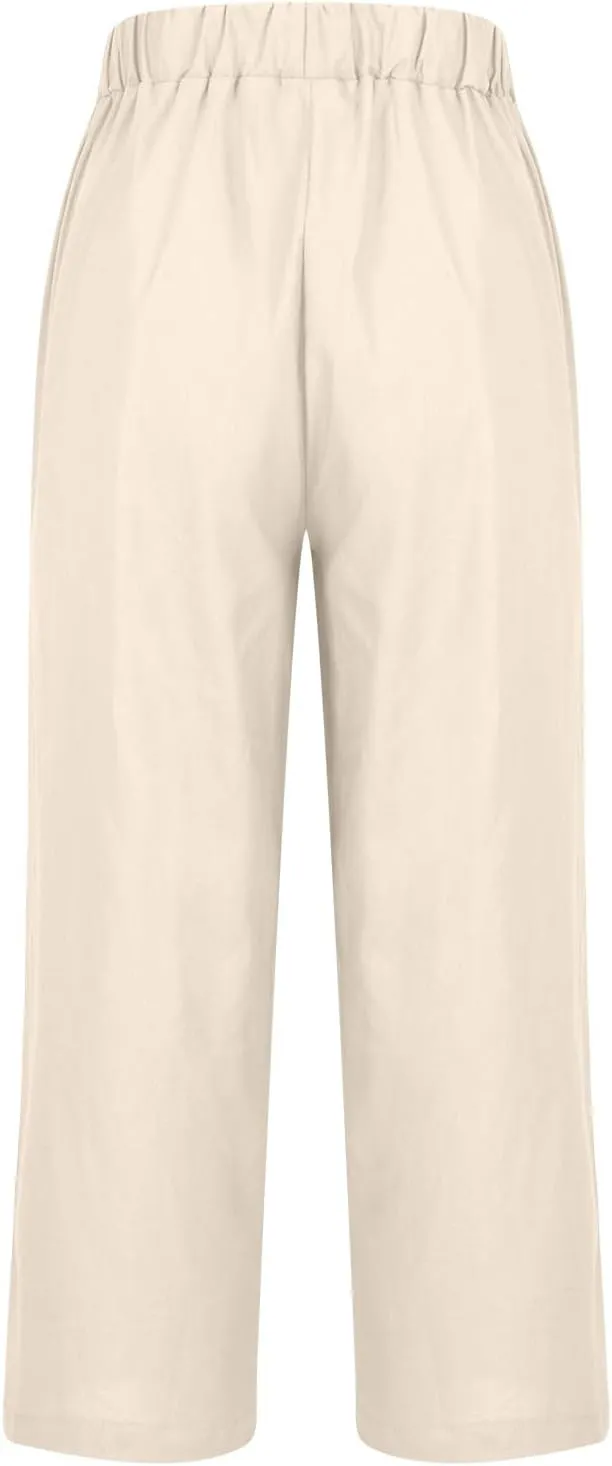 Linen Pants for Women Summer Casual Cropped Pants Straight Leg Beach Pants High Waisted Lounge Pants with Pockets