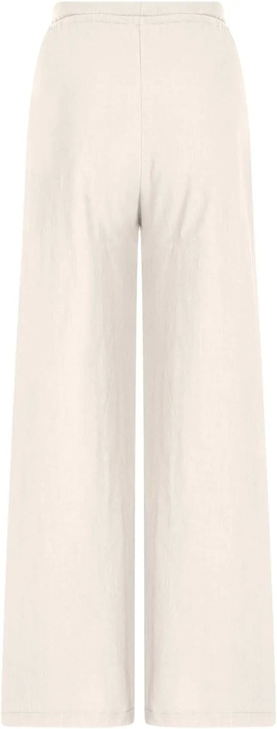Linen Pants Women Boho Vacation Beach Pants Elastic Waist Drawstring Wide Leg Pants Solid Color Beach Pants Trousers