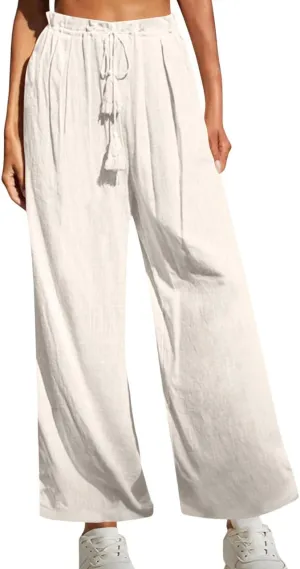 Linen Pants Women Boho Vacation Beach Pants Elastic Waist Drawstring Wide Leg Pants Solid Color Beach Pants Trousers