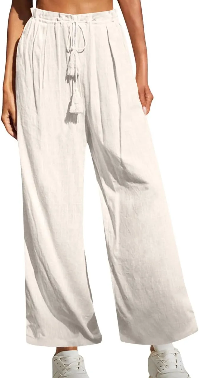 Linen Pants Women Boho Vacation Beach Pants Elastic Waist Drawstring Wide Leg Pants Solid Color Beach Pants Trousers