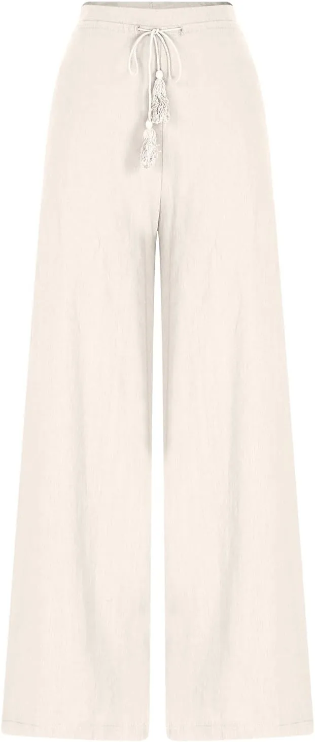 Linen Pants Women Boho Vacation Beach Pants Elastic Waist Drawstring Wide Leg Pants Solid Color Beach Pants Trousers