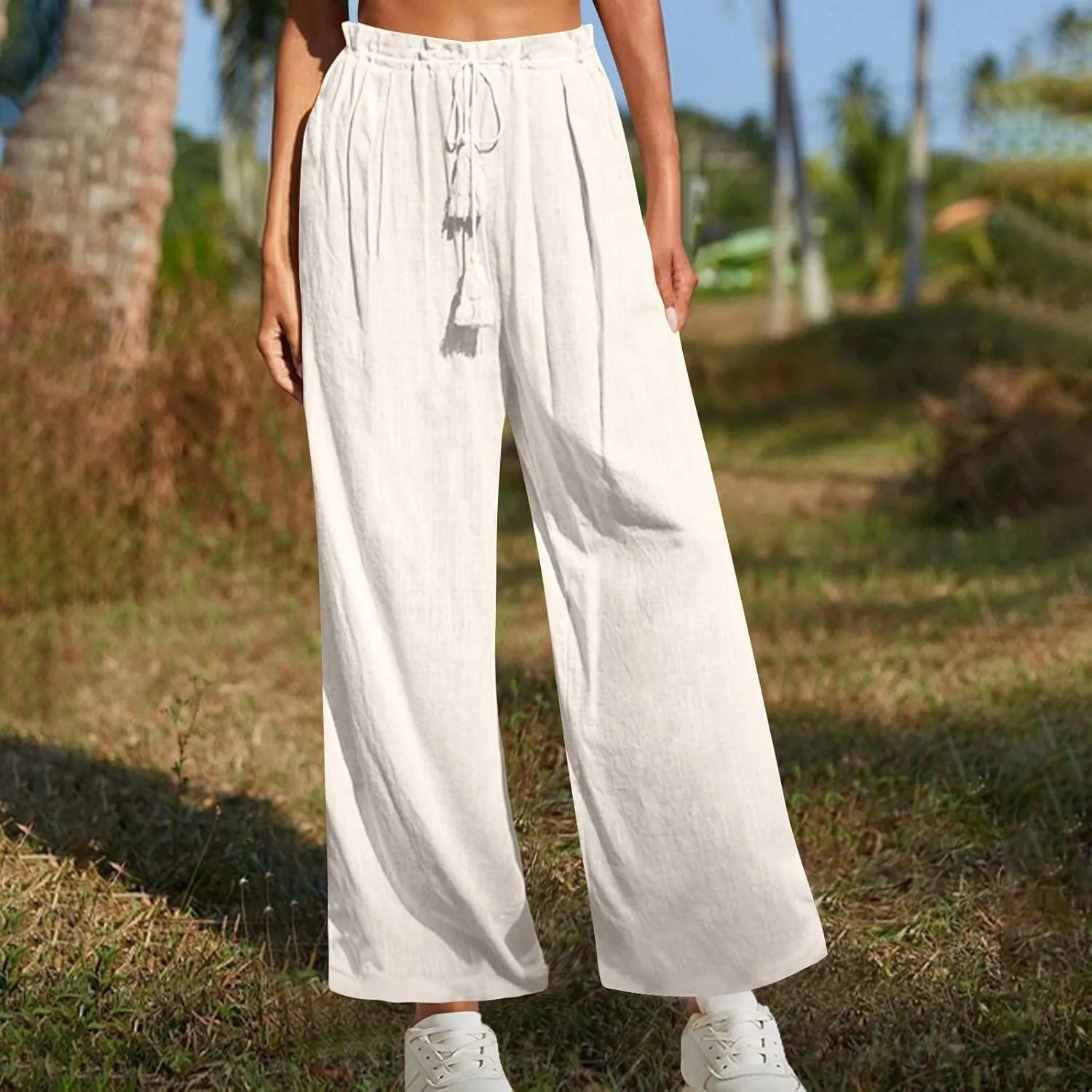 Linen Pants Women Boho Vacation Beach Pants Elastic Waist Drawstring Wide Leg Pants Solid Color Beach Pants Trousers