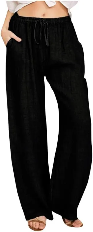 Linen Pants Women Wide Leg Pants High Waisted Lounge Pants Drawstring Elastic Waist Pants Casual Beach Trousers 2025