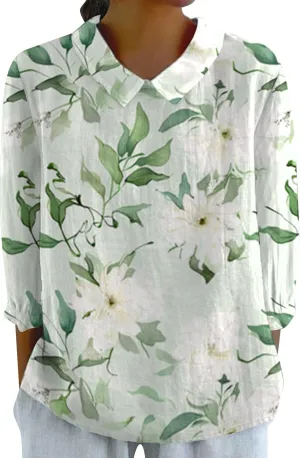 Linen Shirts for Women 3/4 Sleeve Peter Pan Collar Tops Casual Dressy Loose Fit Blouses Cotton Linen Shirts
