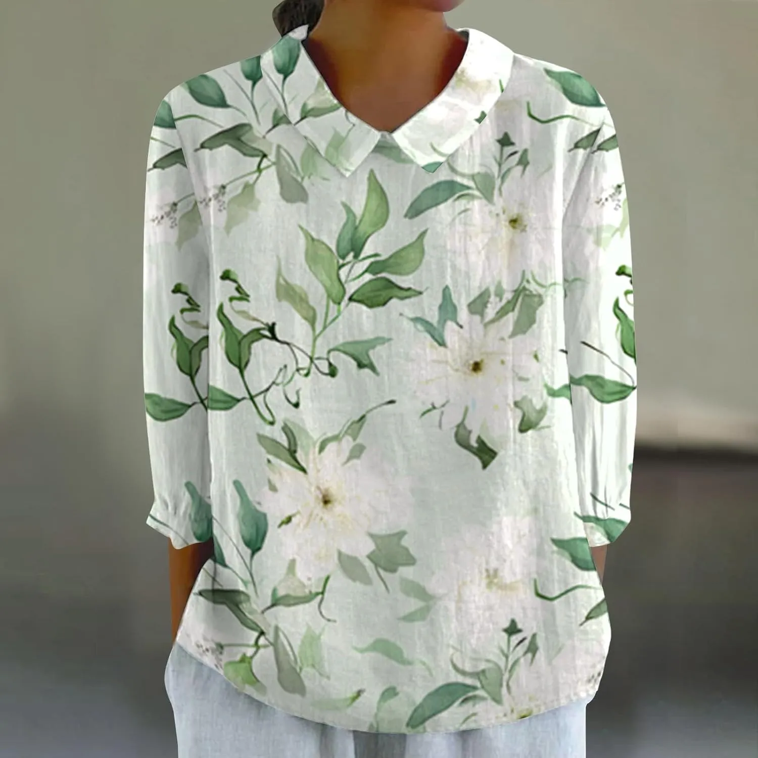 Linen Shirts for Women 3/4 Sleeve Peter Pan Collar Tops Casual Dressy Loose Fit Blouses Cotton Linen Shirts