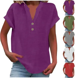 Linen Shirts for Women Cotton Button Up Shirt Short Sleeve Roll Up Loose Fit V-Neck Summer Casual Work Blouse Tops