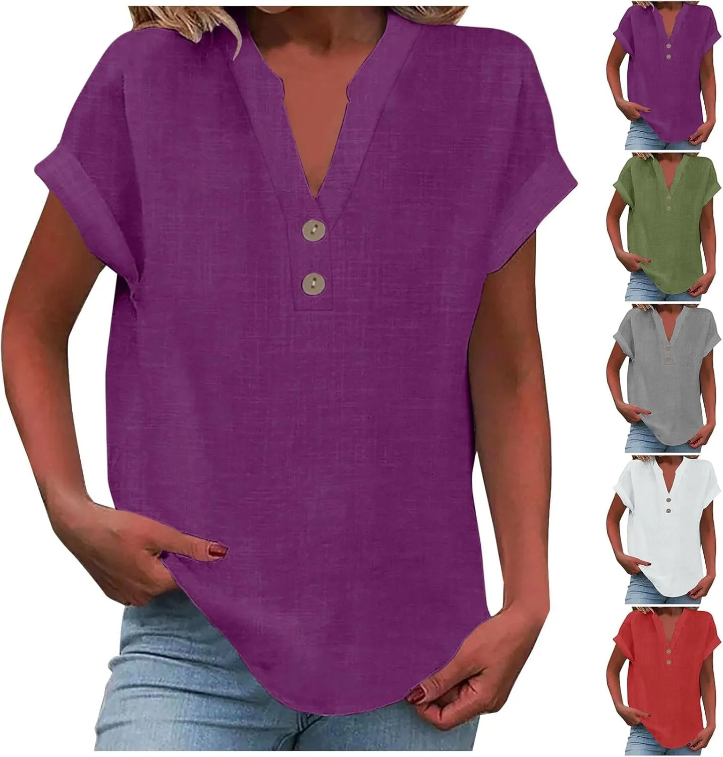 Linen Shirts for Women Cotton Button Up Shirt Short Sleeve Roll Up Loose Fit V-Neck Summer Casual Work Blouse Tops