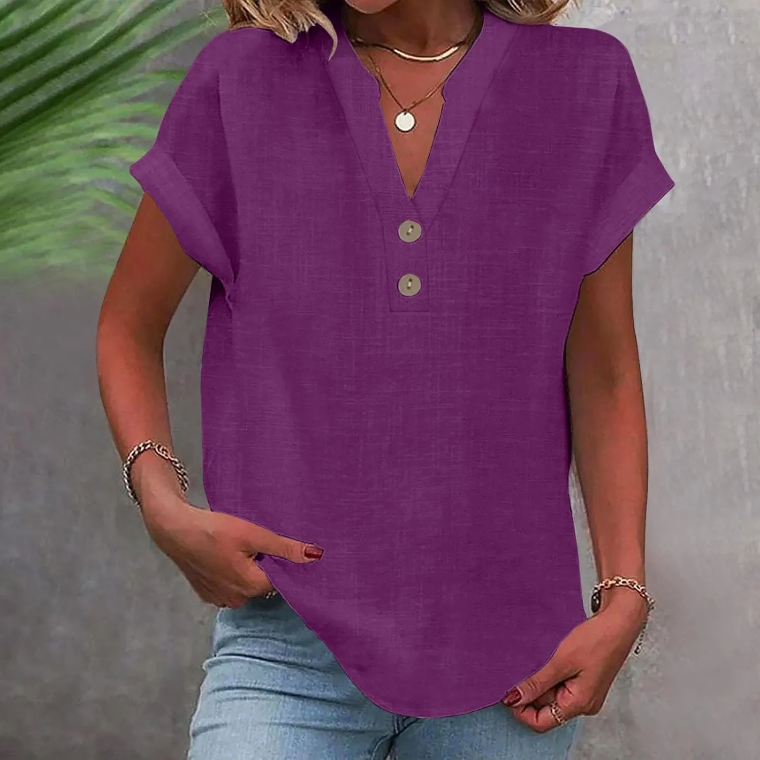 Linen Shirts for Women Cotton Button Up Shirt Short Sleeve Roll Up Loose Fit V-Neck Summer Casual Work Blouse Tops