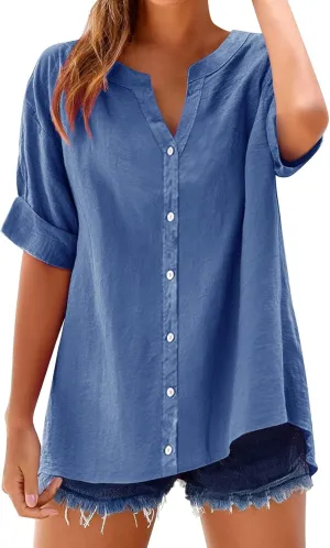 Linen Tops for Women 2025 Summer Button Down V Neck Shirts Casual Short Sleeve Loose Tshirt Cotton Linen Blouse Tees