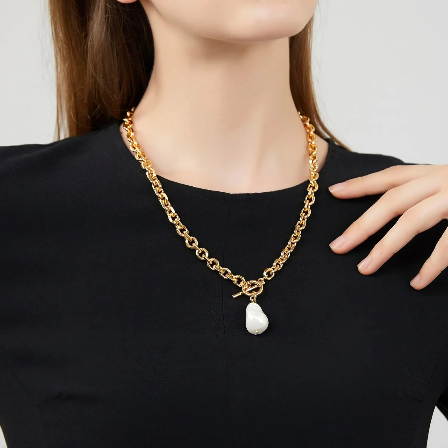 Link Chain Toggle Clasp Baroque Pearl Necklace for Women 14k Gold Plated Charm Pendant Chunky Necklaces For Women Trendy
