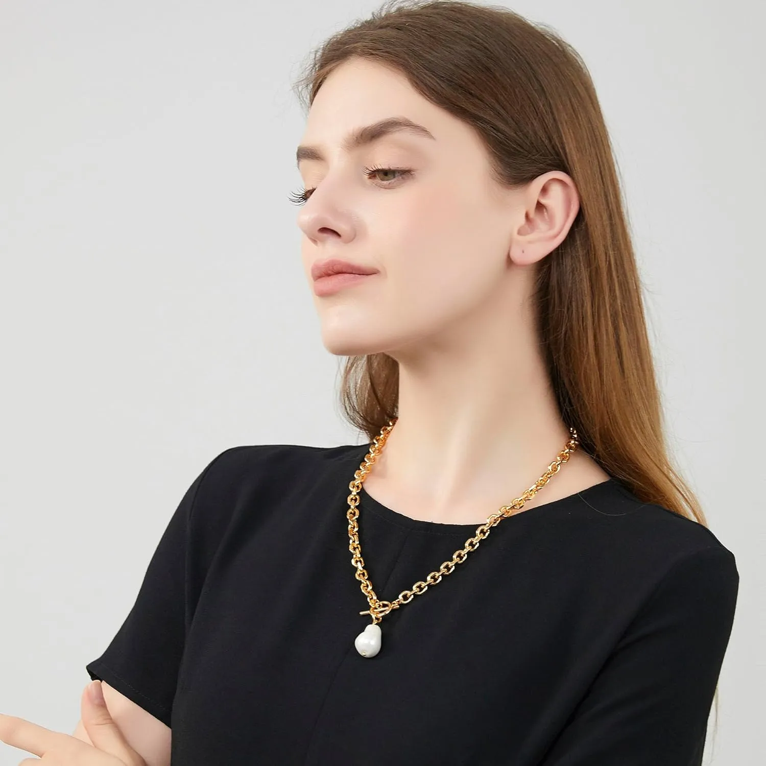 Link Chain Toggle Clasp Baroque Pearl Necklace for Women 14k Gold Plated Charm Pendant Chunky Necklaces For Women Trendy