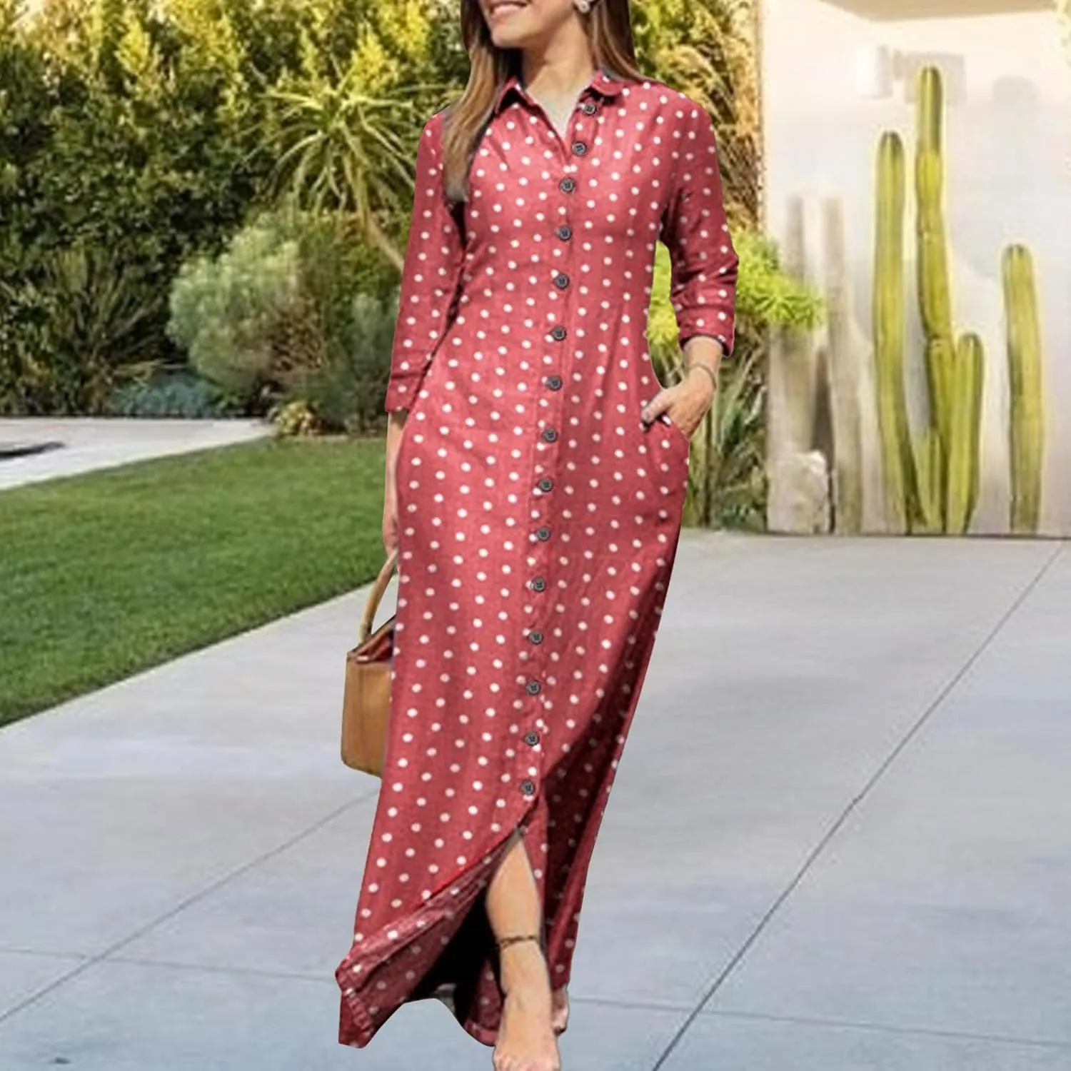 LOAIHA Womens Long Sleeve Button Down Shirt Dress Casual Solid Color Maxi Dresses Loose Fit Blouse Dress with Pockets